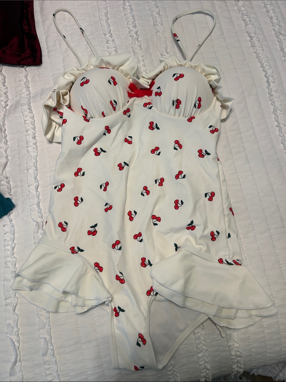 White Cherry Print Ruffled One-Piece Swimsuit